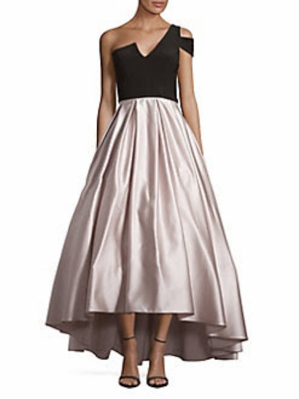 Betsy & Adam Black One-Shoulder Bodice with Blush High-Low Satin Skirt